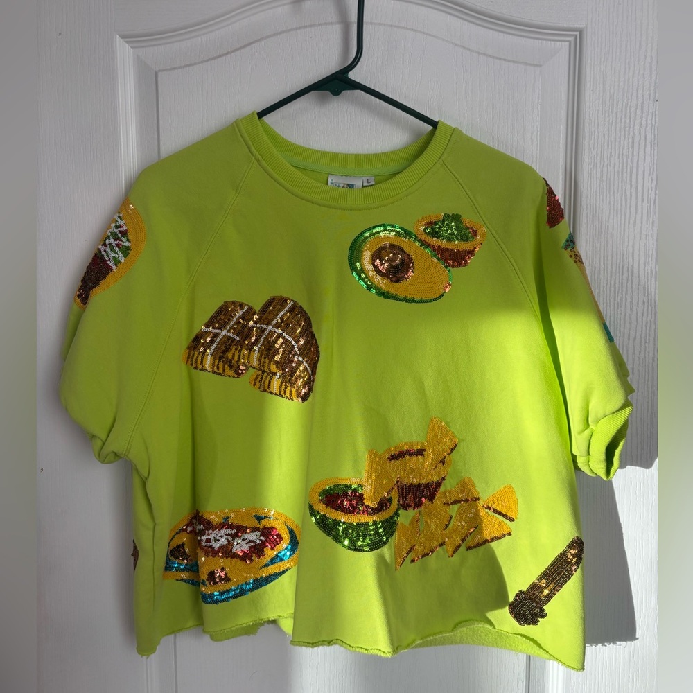 QUEEN OF SPARKLES Neon Lime Sequin Mexican Food Sweatshirt Top